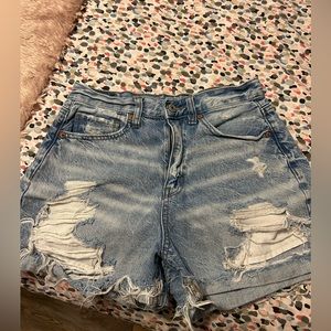high waisted distressed denim shorts